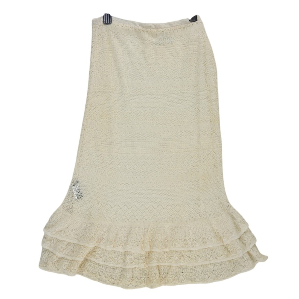 Lauren Ralph Lauren Crochet Skirt Women's Size Large Cream 100% Linen Midi Lined